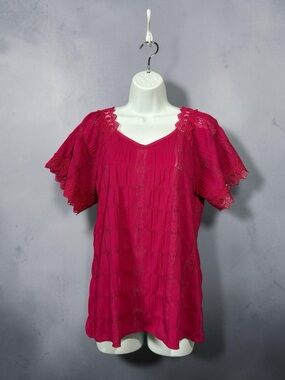 NEW, Retrology, Lace Sleeve Blouse Pink Lightweight Eyelet Top Boho Chic, Small